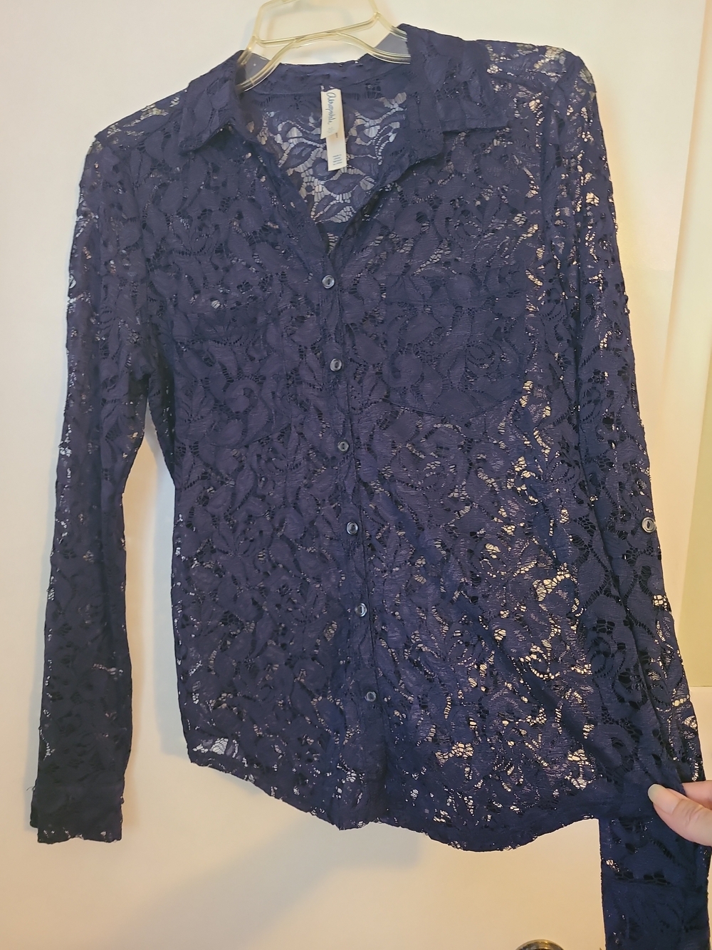 AEROPOSTALE Navy Blue Lace Button Down Blouse S Sheer Whimsigoth Fairy Coquette